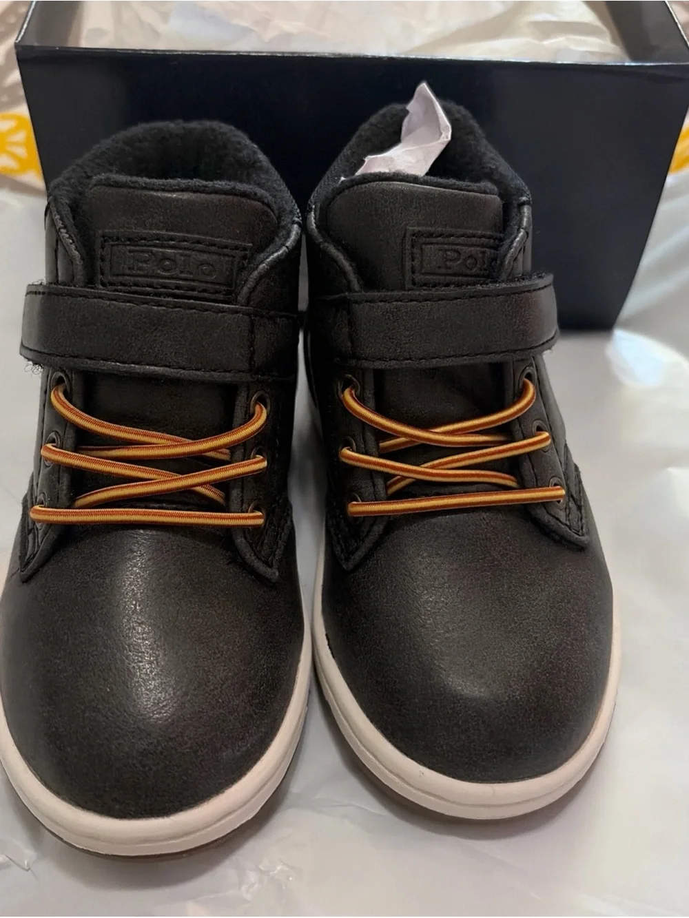 Ralph Lauren Black Kids High-Top Sneakers with Brown Accents